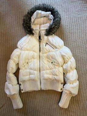 Mixit Ivory White Puff Jacket with Faux Fur Hood